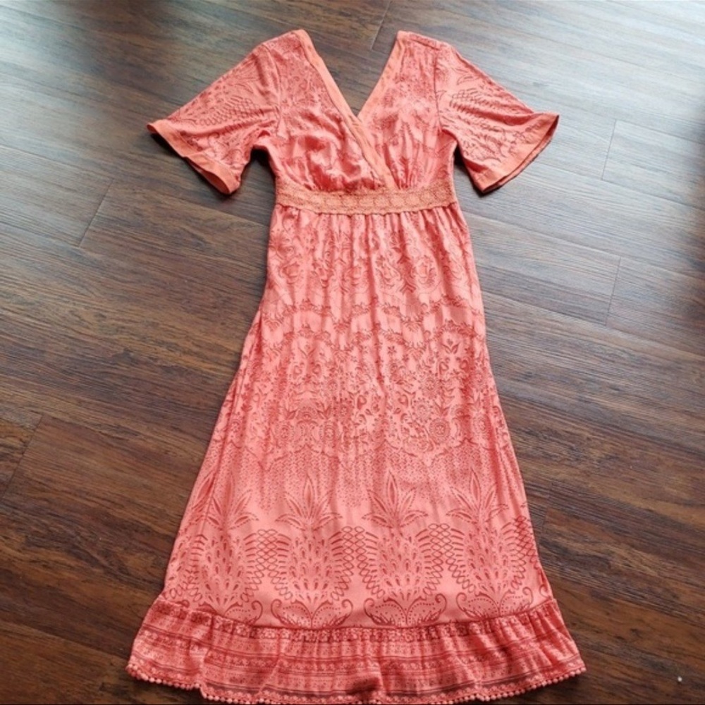 Farm Rio Anthropologie coral Devore lace maxi/ midi dress size small - Picture 3 of 10